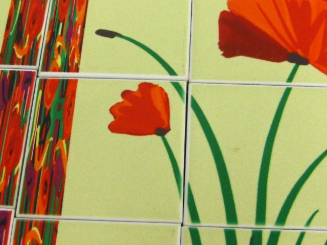 Poppies Mural AB : 15 Ceramic Tile Set for backsplash, bathroom decor, or display