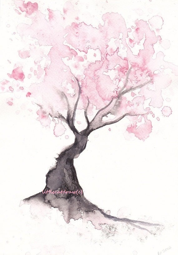 Pink Cherry Blossom Tree Art Print Watercolor - available in 2 sizes 4x6 and 5x7