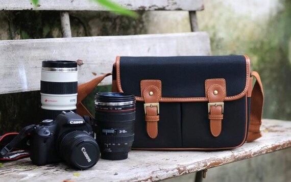 Grand cuir artisanal DSLR Camera Bag toile noire sac H1102