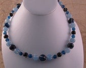 Dark and Light Blue Agate with Blue Quartz Wire Wrapped Memory Wire Short Necklace