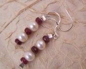 Red Faceted Ruby and White Cultured Pearl Long Sterling Silver Earrings