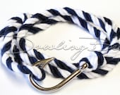 Nautical Navy Blue & White Cotton Fish Hook Bracelet - Men Women - Silver Bronze Black