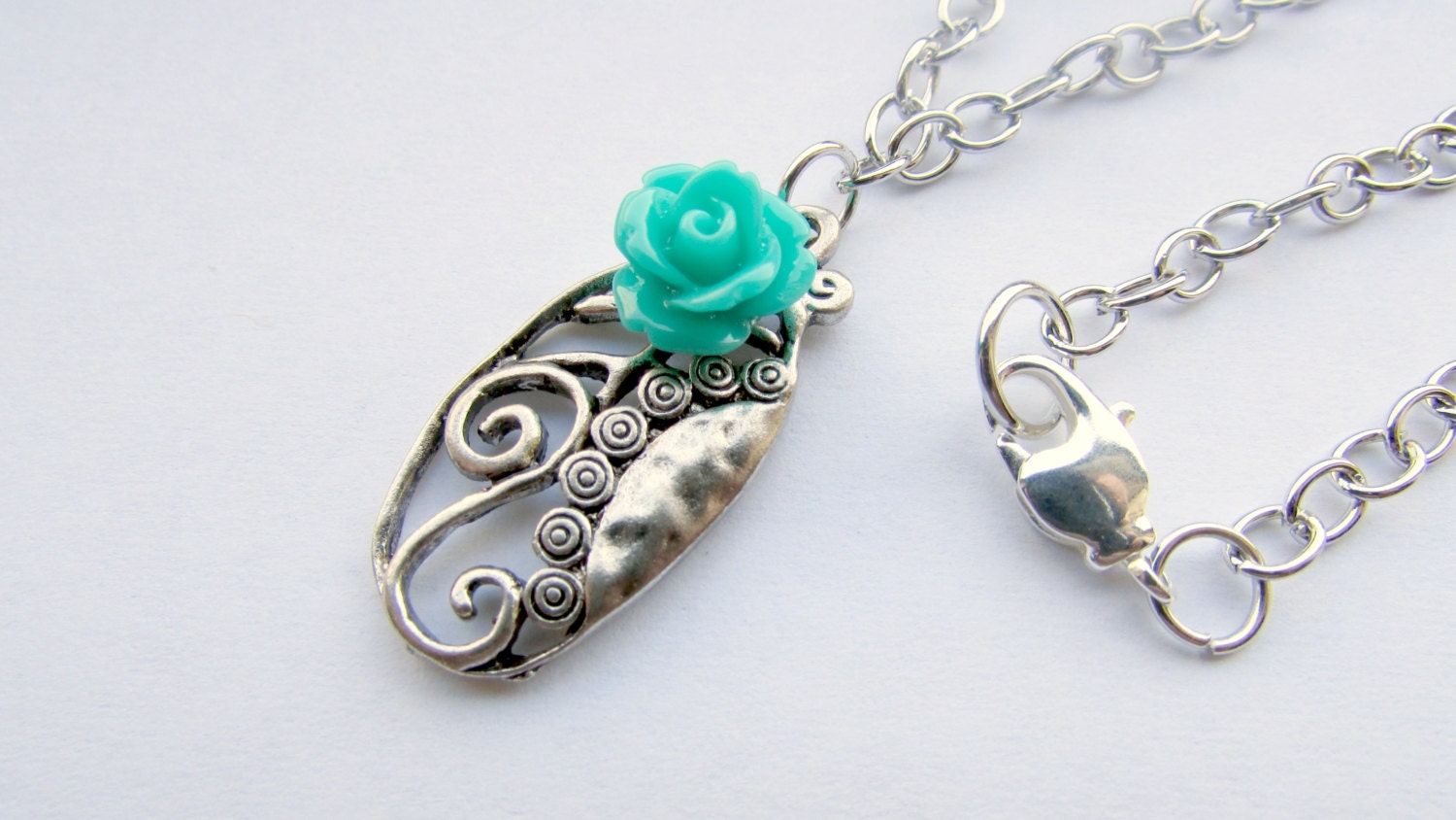 Art Deco ,Teal Rose, Pendant, and Chain