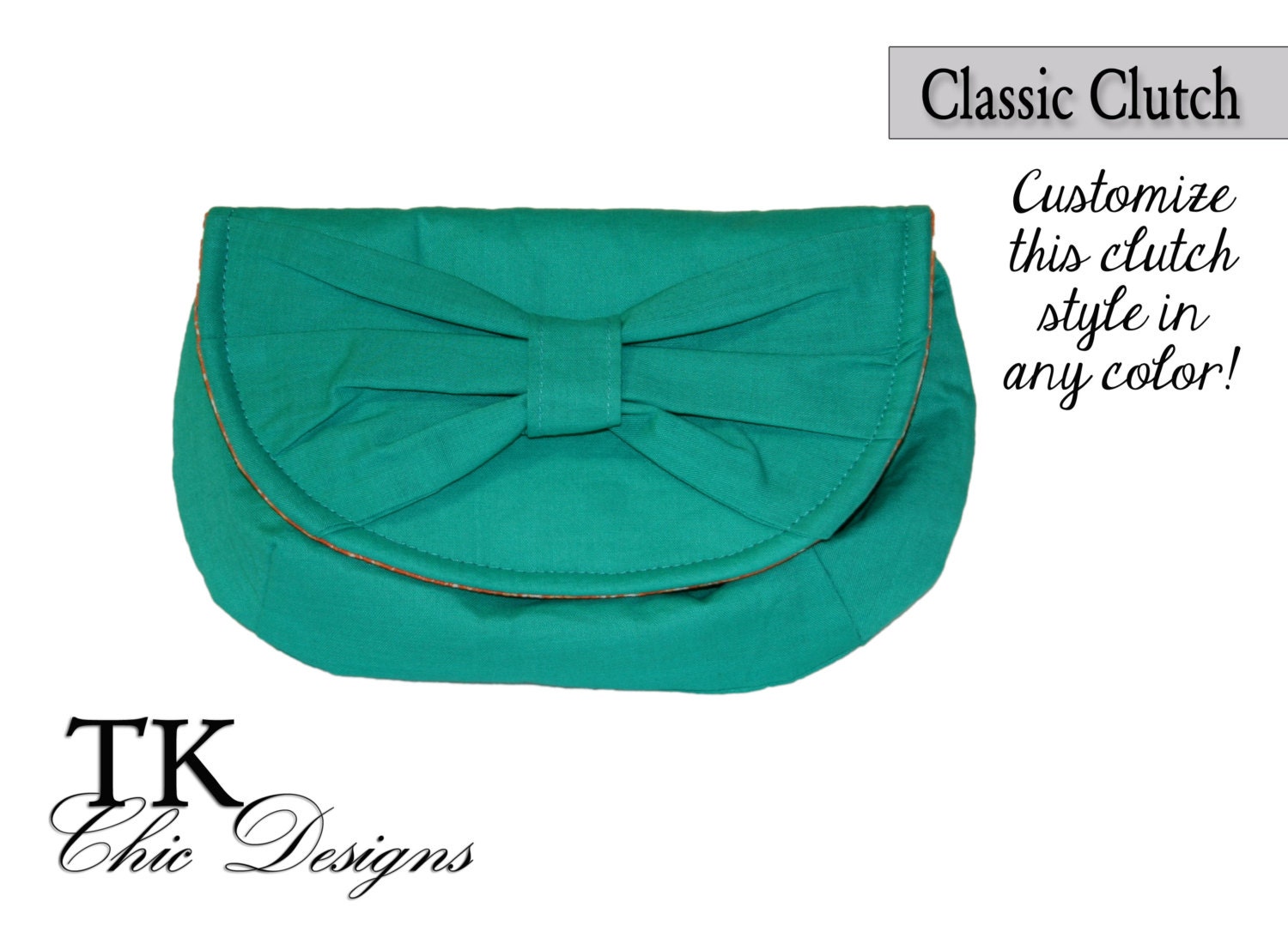 Gameday Classic Clutch in a solid teal exterior with coordinating accent bow and a floral print of orange and white lining
