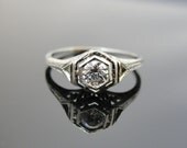 18k White Gold Filigree Art Deco Geometric Engagement Ring with Fine Diamond RGDIA786D