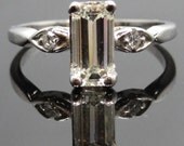 Delicate 18K White Gold 1940s Emerald Cut Diamond Engagement Ring- RGDI181P