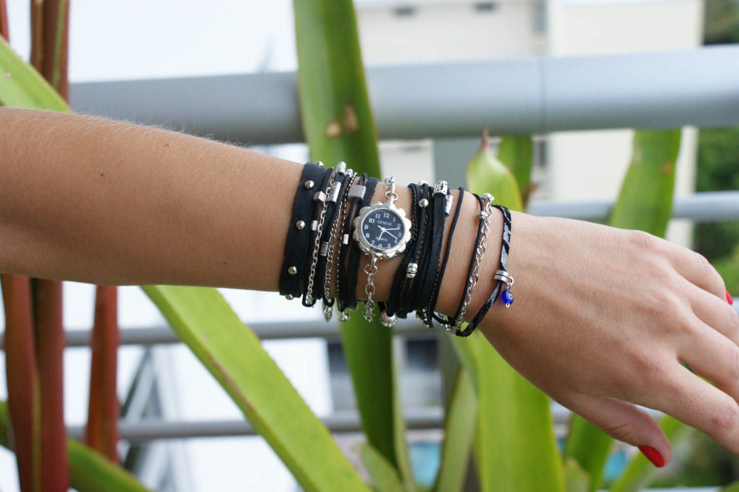Leather and chains watch bracelet