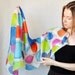 Handmade Scarf. Hand Painted Long Silk Scarf in large colored dots. Orange,blue, magenta, light green. Size 45x90cm
