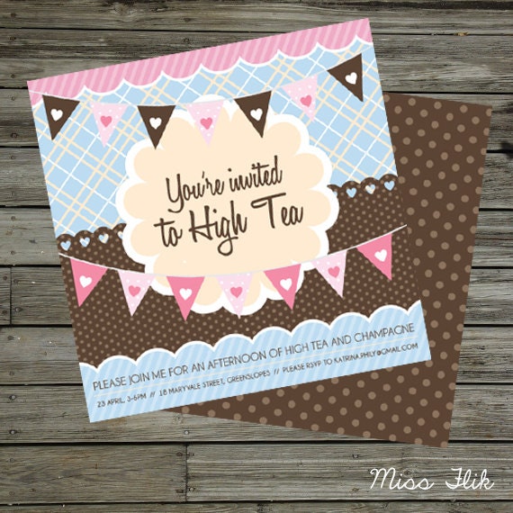 Girl's invitation - Printable and Customised - Pink, brown & blue. Birthday invitation, tea party invitation, DIY digital file personalised