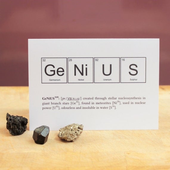 Genius greetings card spelt using periodic table elements