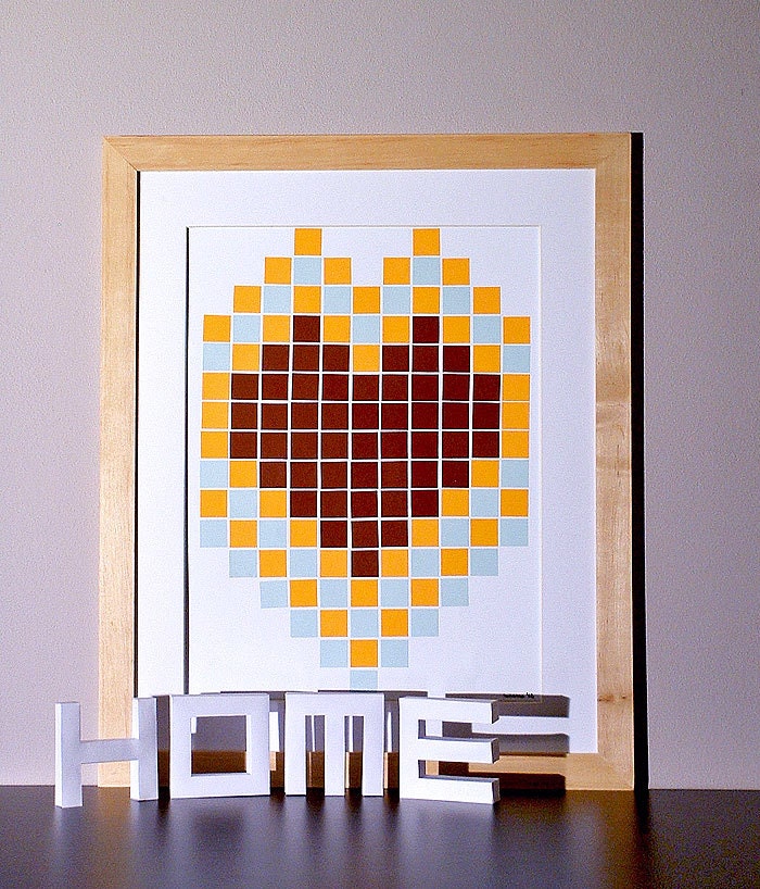 handmade not a print original modern patterns home decor artwork mosaic squares heart collage valentine's day brown orange