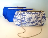 Free US Shipping Set of Bride/Bridesmaids Wedding Bridal Evening Cobalt Blue Silk Dupioni and Chantilly Lace Clutches Purses Bags