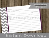 Printable Recipe Cards DIY gray chevron and dark purple INSTANT DOWNLOAD digital Print Your Own 4x6 inch Il_170x135