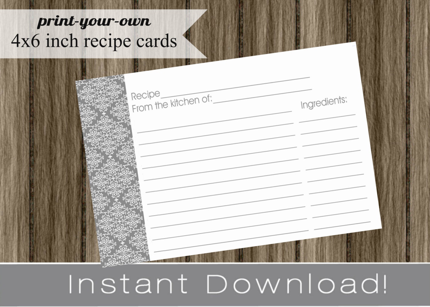 Printable Recipe Cards gray damask INSTANT DOWNLOAD digital Print Your Own 4x6 DIY Il_570xn