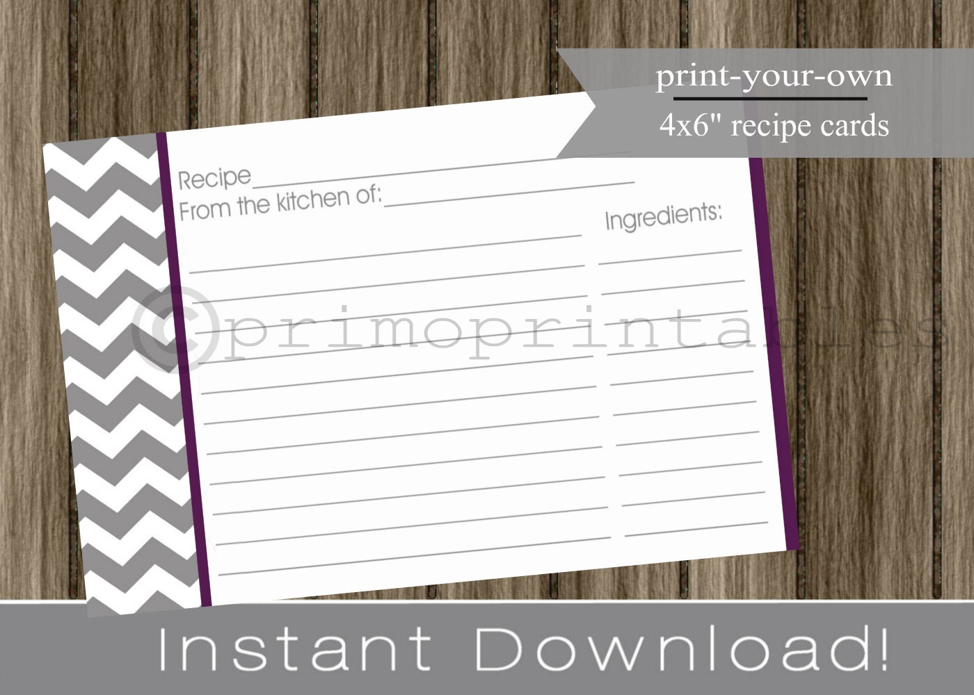 Printable Recipe Cards DIY gray chevron and dark purple INSTANT DOWNLOAD digital Print Your Own 4x6 inch Il_570xn