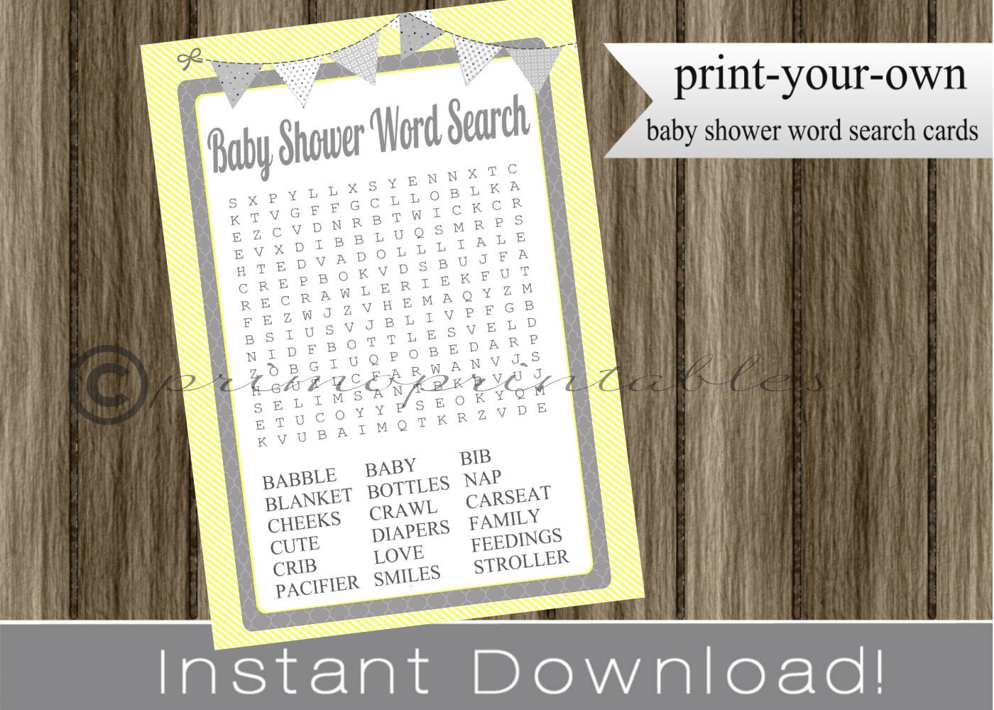 Neutral Baby Shower Word Search game cards yellow an dgray INSTANT DOWNLOAD diy printable digital file print your own Il_570xn
