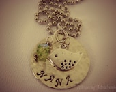 Nana necklace silver hand stamped distressed with bird charm and green Swarovski bead