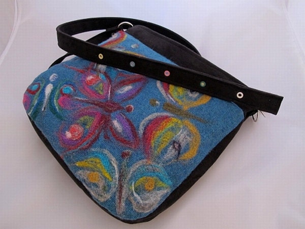 turquoise, black, shoulder bag, hand felted motif , alcantara, butterflys