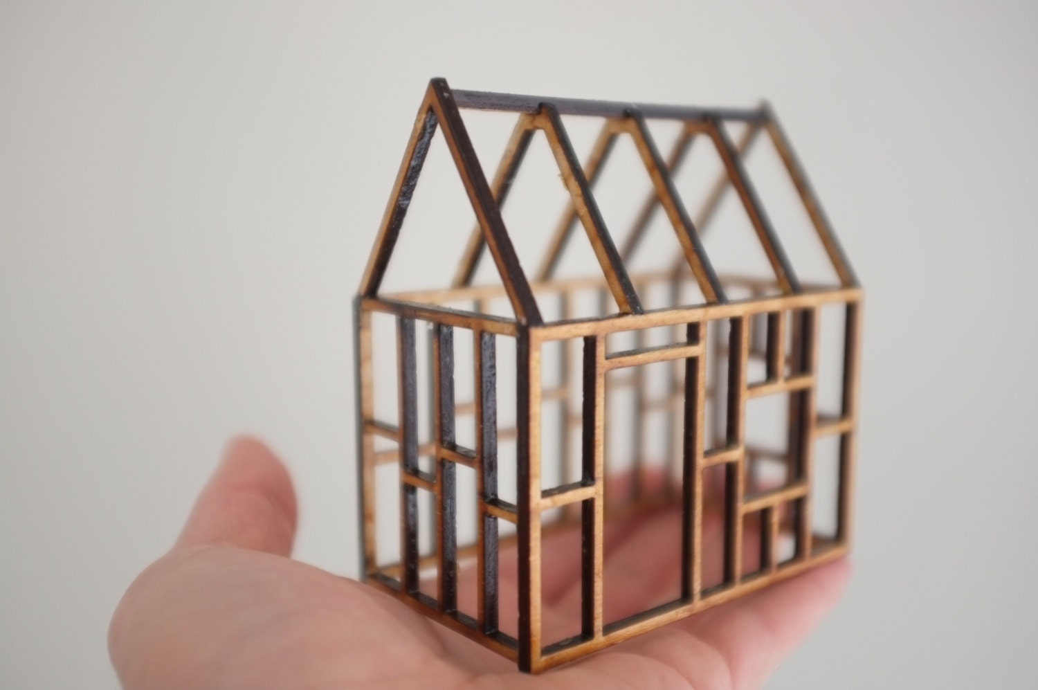 Small geometric birch house framework, 3D architectural line drawing