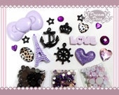 Purple & Black  Kawaii Large Bow Anchor Wheel Leopard Bling Decoden Flatback Kit DIY cell phone case Cabochon Deco Set Kit DS687