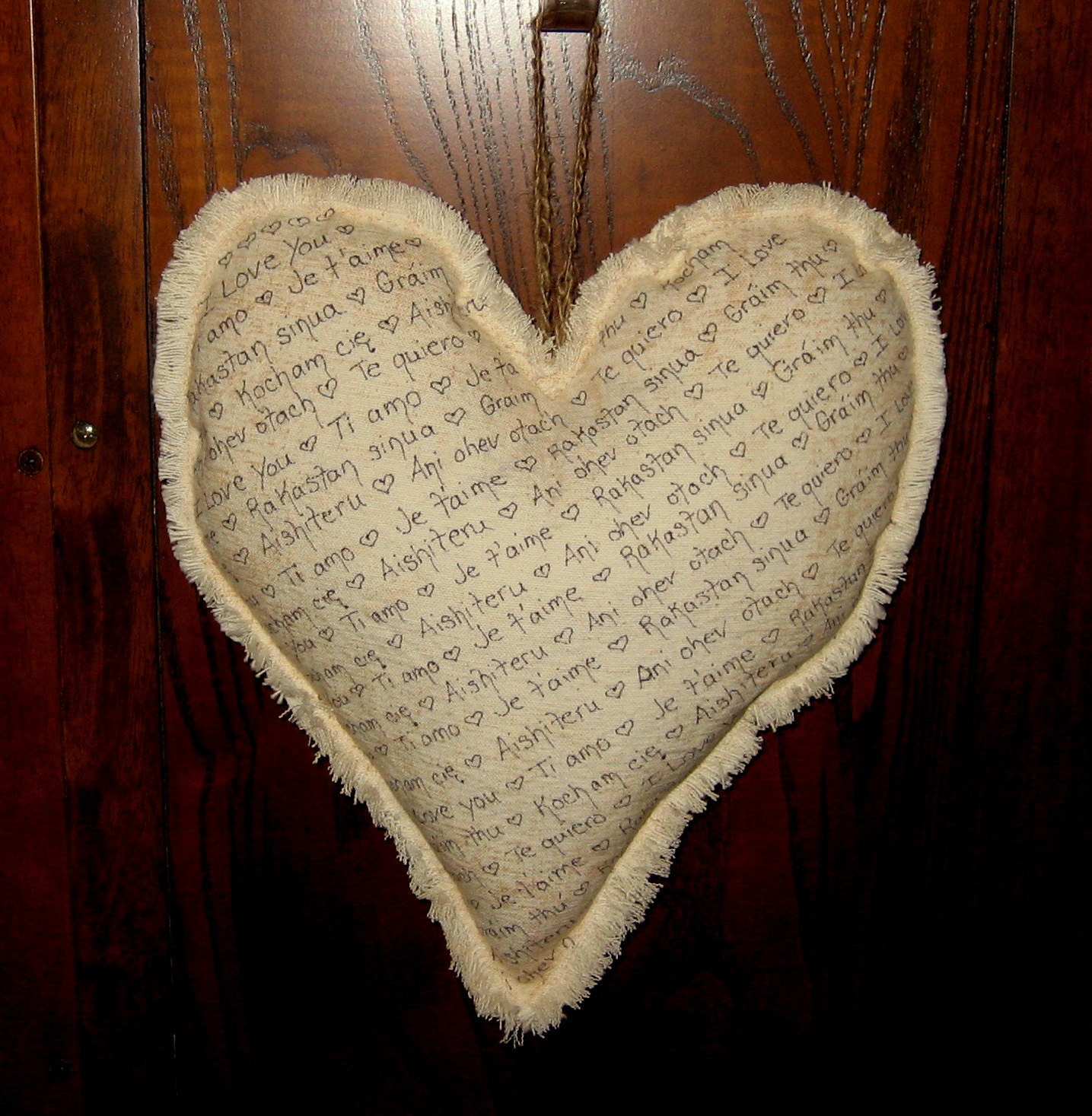 9 Languages' I Love You Stuffed Heart - Handmade Upcycled Fiber Art Wall Decor  Valentines Day - Mothers Day - Fathers Day Soft Sculpture
