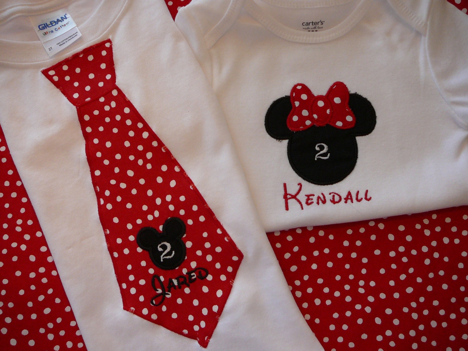 Minnie Mouse and Mickey Mouse Brother and sister appliqued  Tee shirt or Onesie with  Necktie.