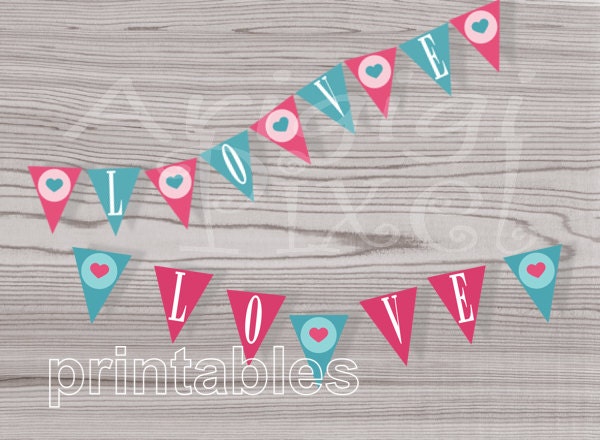 LOVE banner Wedding DIY decoration printable pennant pink teal blue garland instant download PDF file Il_570xn