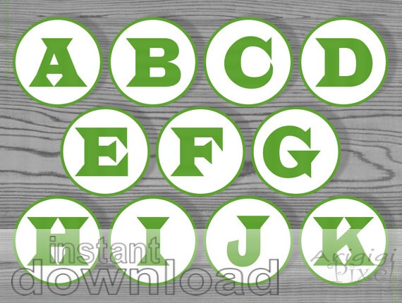 party circle 2 1/2 in, green printable alphabet circle, number, letter, for DIY favor bag, cupcake topper, table number, instant download Il_570xn