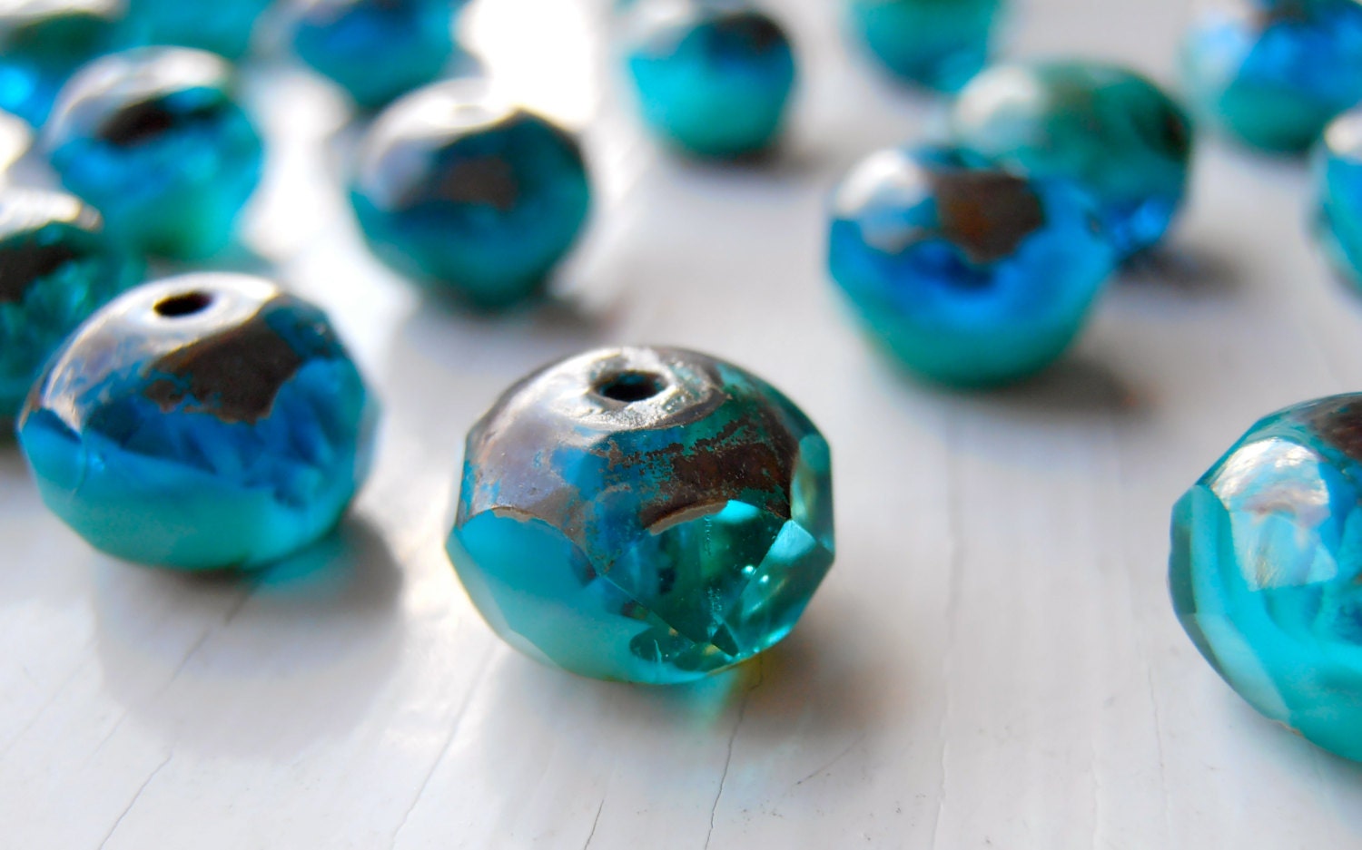 Ala Lani - 6 x 8mm liquid blue turquoise rondelle beads (10), blue czech glass beads, turquoise beads, faceted rondelle beads,