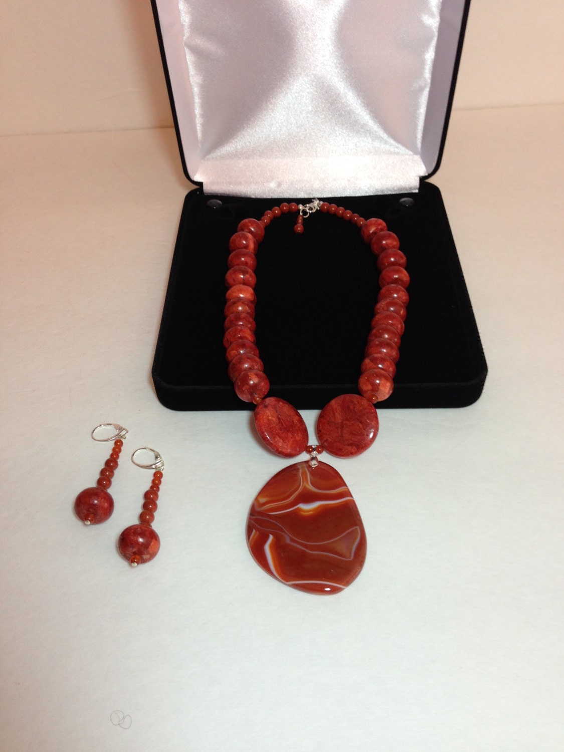 Coral Pendant Necklace & Earring Set