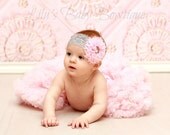 Large Pink and Grey Shabby Chic Chiffon Flower on Wide Grey Elastic Headband with Rhinestone Center, Baby, Newborn, Toddler, Girl Photo Prop