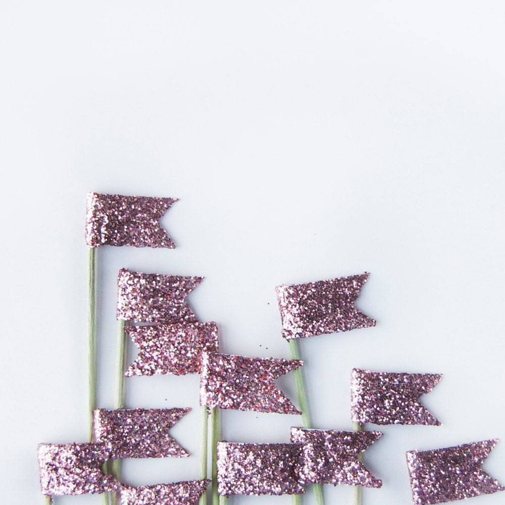 24 Pink & Green Glittered Flag Cake Toppers,  Birthday, wedding, engagement party, tea party