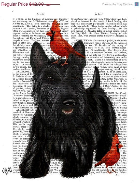 ON SALE Scottish Terrier Scottie Dog and Birds Original Illustration Giclee Print Digital Art Animal Painting Wall Decor Wall hanging Wall