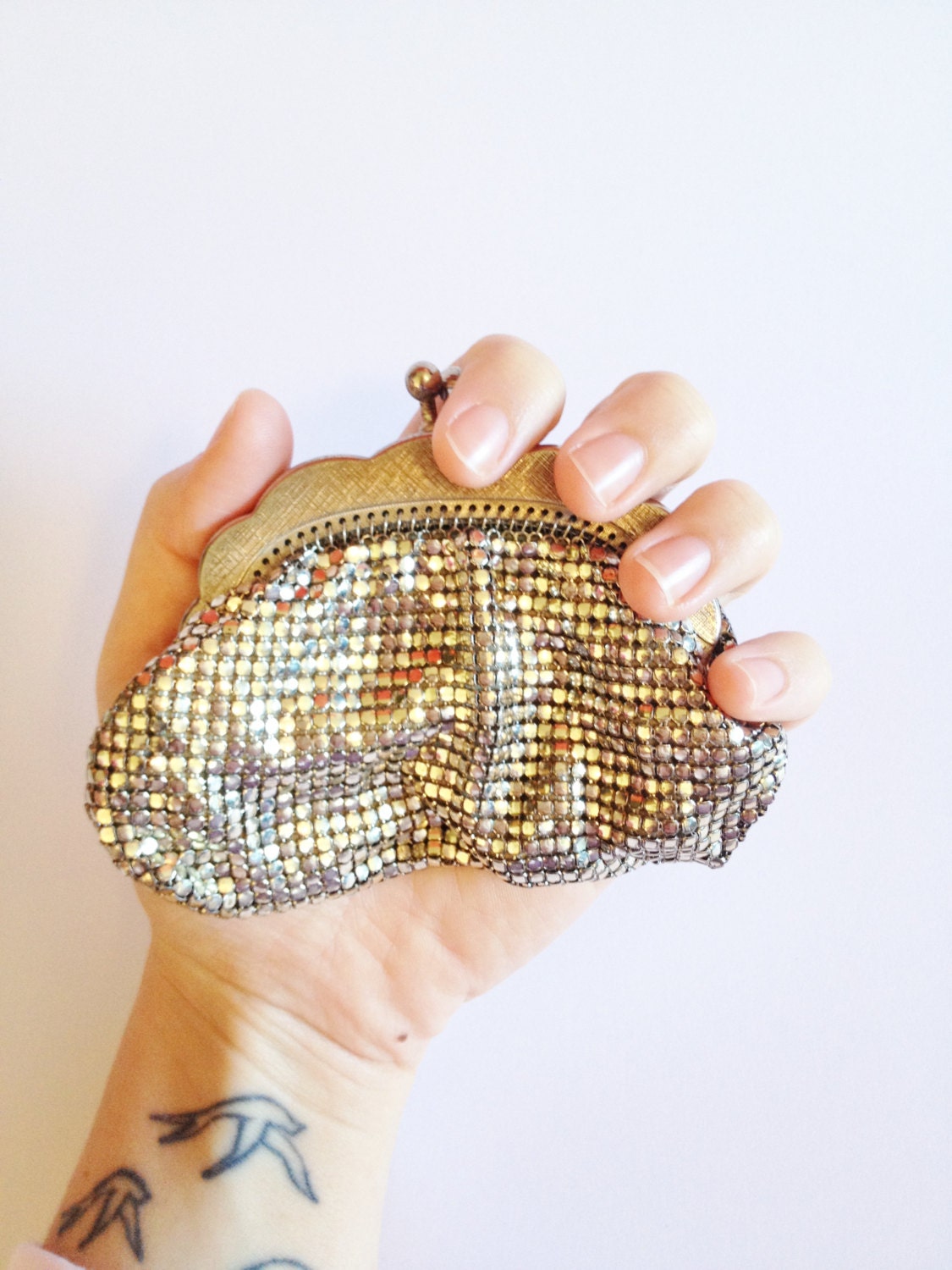 Vintage Gold Mesh Coin Purse - Glamorous Small Wallet - Silver ish Gold