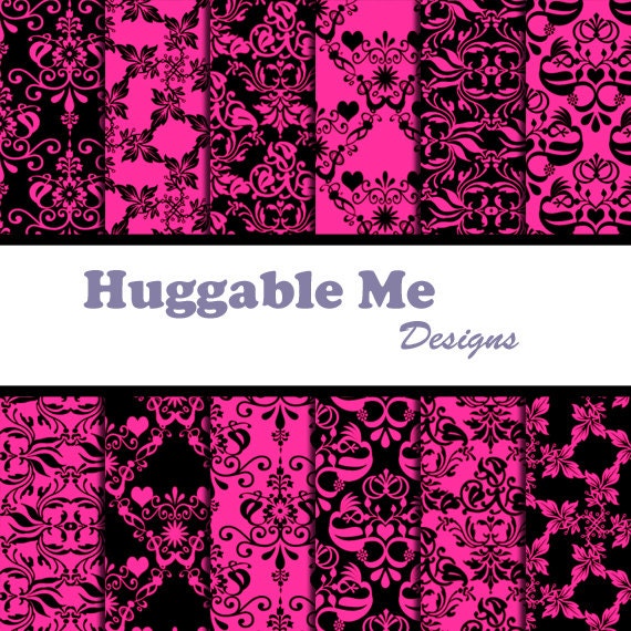 Fuchsia Damask Paper - Black & Hot Pink Digital Damask Designs, Instant Download Printables for Scrapbook, Wedding, Cards - HMD00066