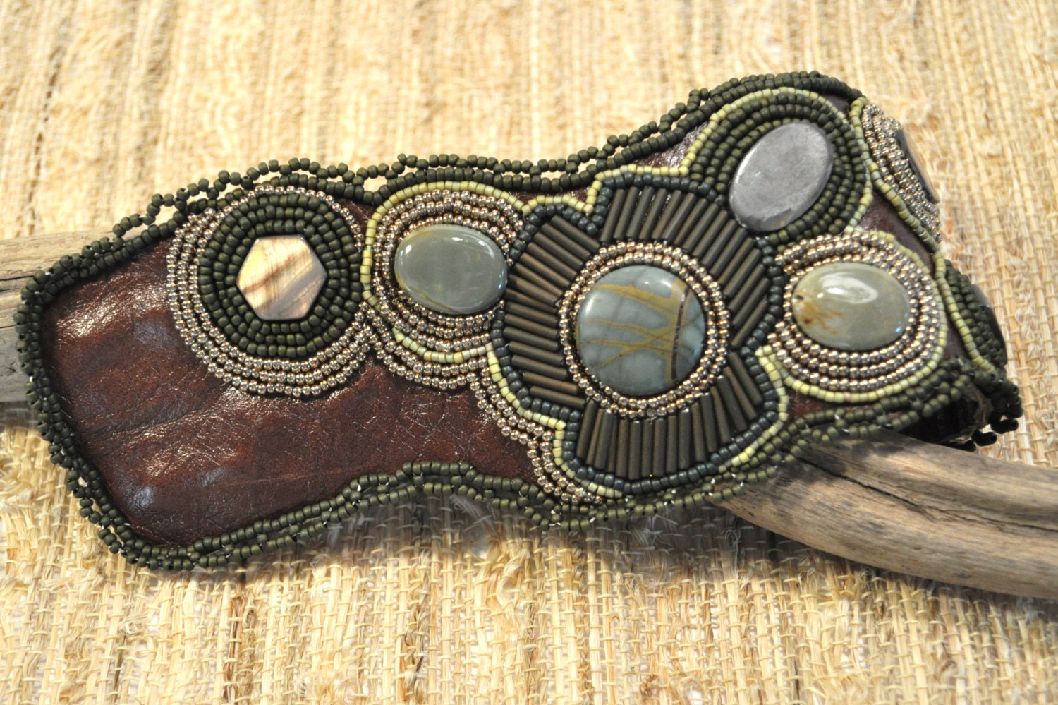 Leather & Gemstone Bead Embroidery Cuff with Jasper and Mother of Pearl, Handcrafted Gemstone Jewelry