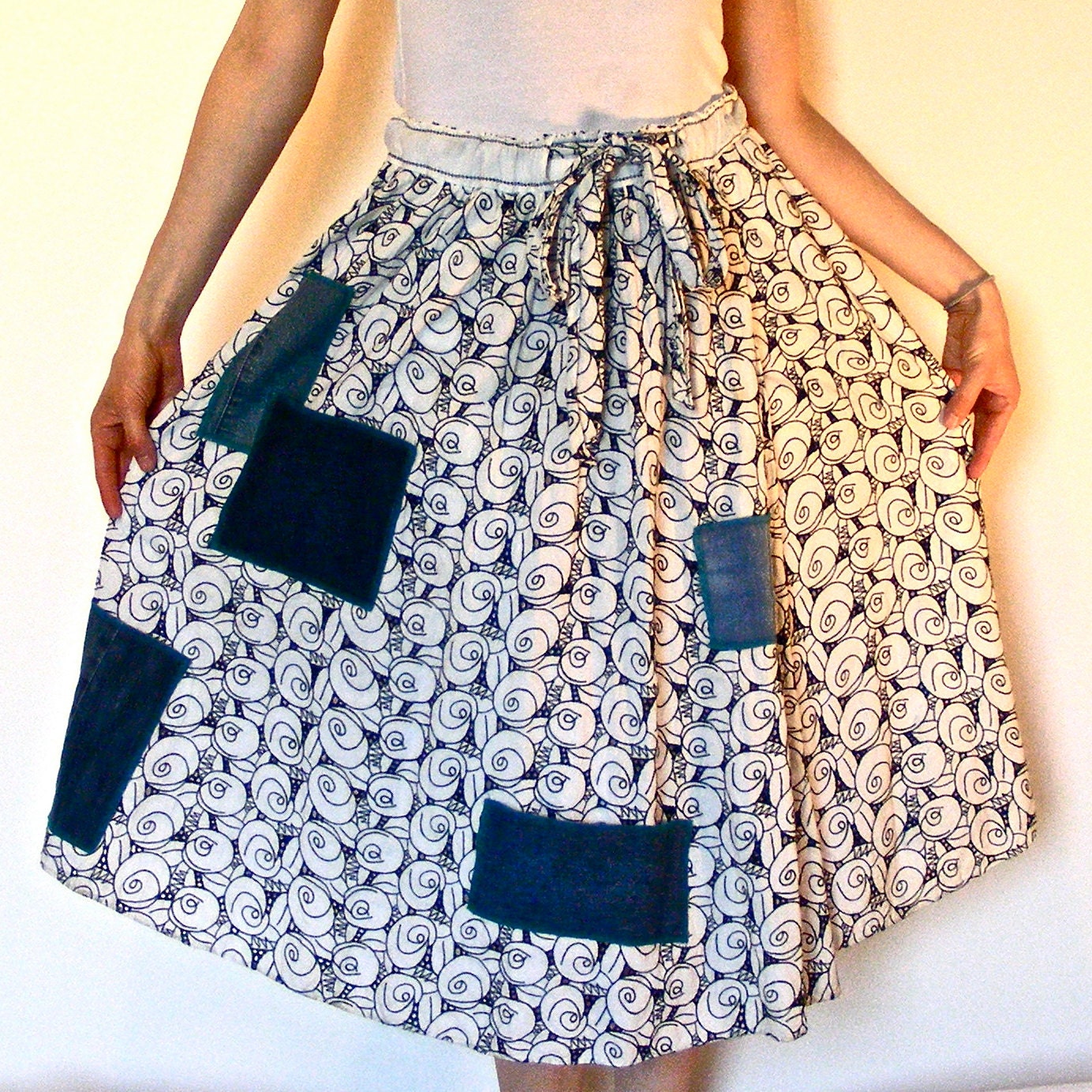 Wrap Skirt with Embroidered Eyelet Lace, Drawstring Waist and Ten Pockets, Upcycled Denim Patchwork with Serged Edges, Women's Small - lovemadevisiblestore