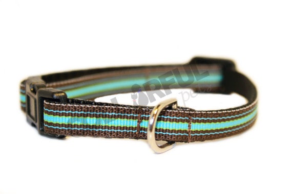 Preppy Stripes Brown/Teal Small Nylon Adjustable Buckle Dog/Cat Collar