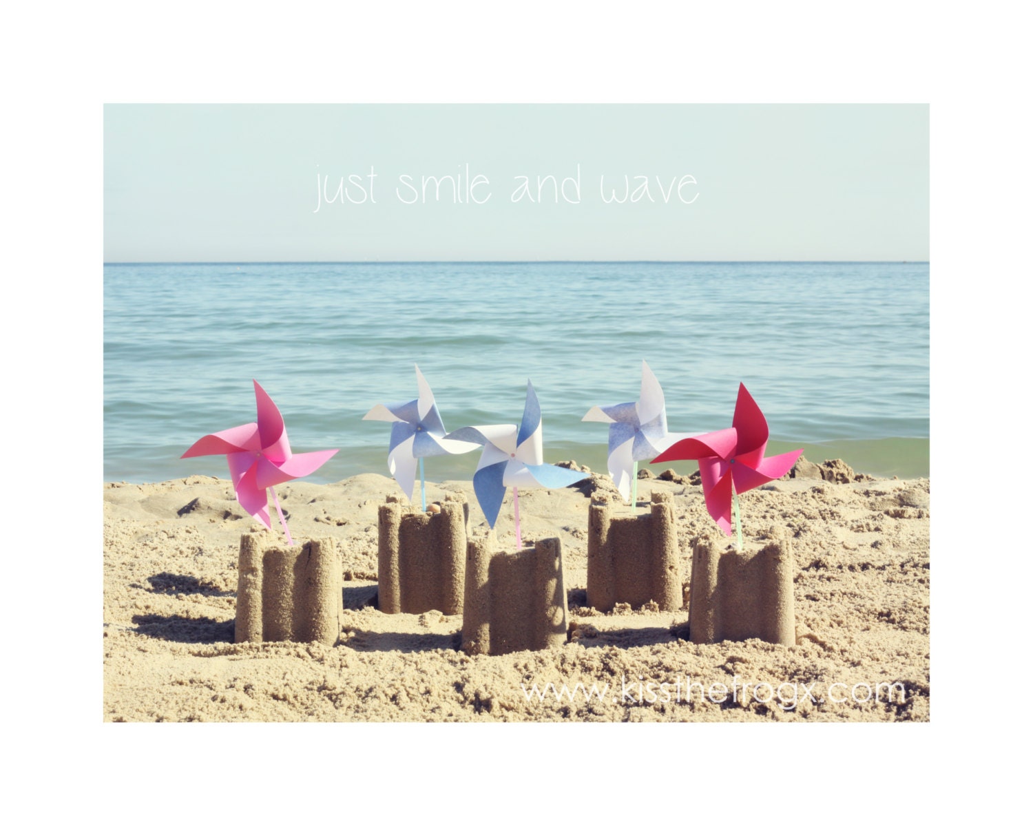 Just Smile and Wave 6x8" photo with sandcastles, paper windmills and inspirational typography - KisstheFrogx