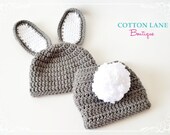 Crochet Easter Bunny Outfit Set - Grey and White - Easter Photography Photo Prop - Baby Girl or Boy, Unisex - Newborn - 12 Month Sizes