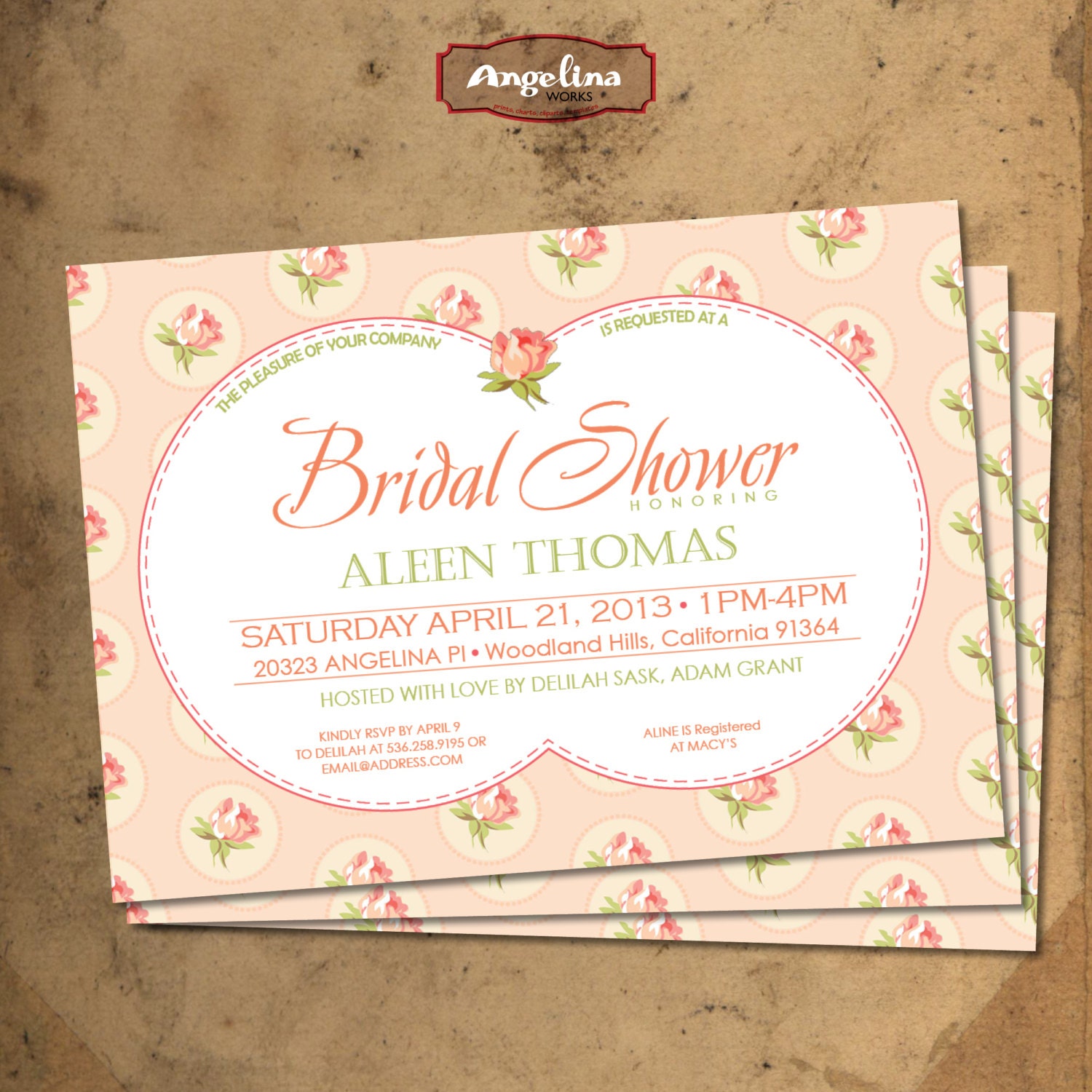 Shabby chic Bridal Shower Invitation. DIY card. Peach color Flowers. Digital Printable card 5x7 inch