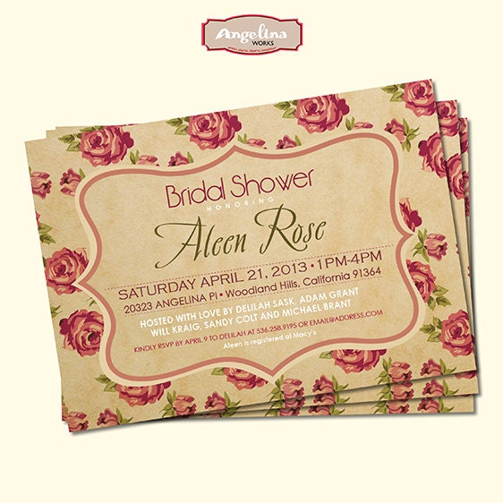 Vintage Shabby chic Bridal Shower Invitation. DIY card. Retro Flowers. Digital Printable card