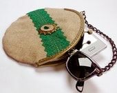 Clutch purse . Steampunk Victorian inspired. Emerald green lace and tan linen, with swarovski tears.OOAK - EguaLondon