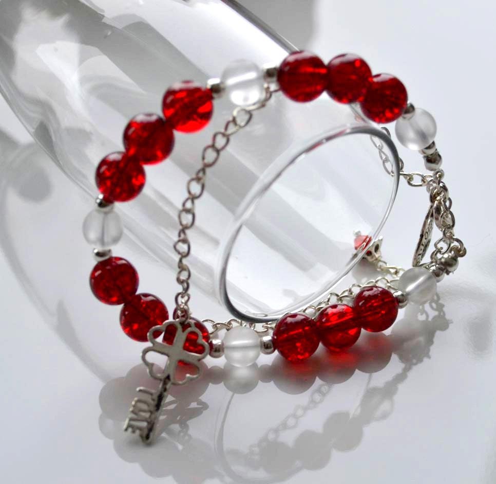 Love, Romantic, Flower, Key, Silver Plated, Glass Beads, Charm, Bracelet, Handmade