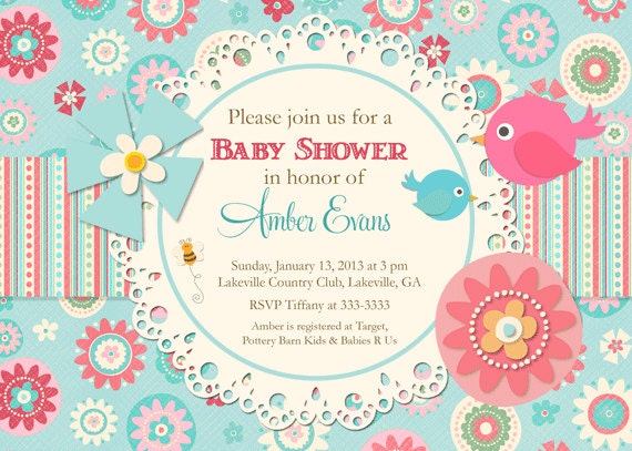 Busy Floral with Birds Teal & Pink Baby Shower Invitation - Printable Il_570xn