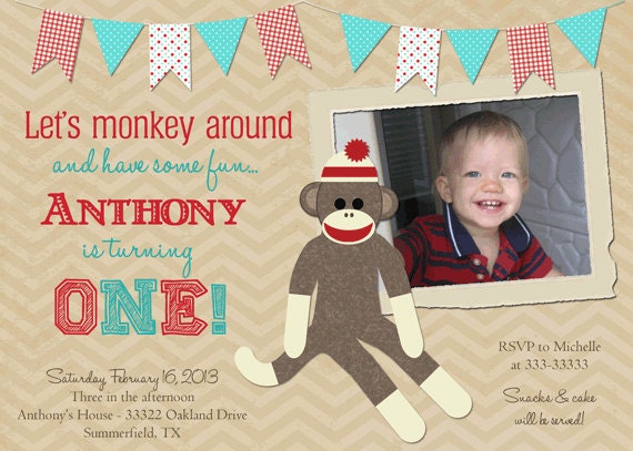 Vintage Look Sock Monkey 1st Birthday Party Invitations - printable Il_570xn