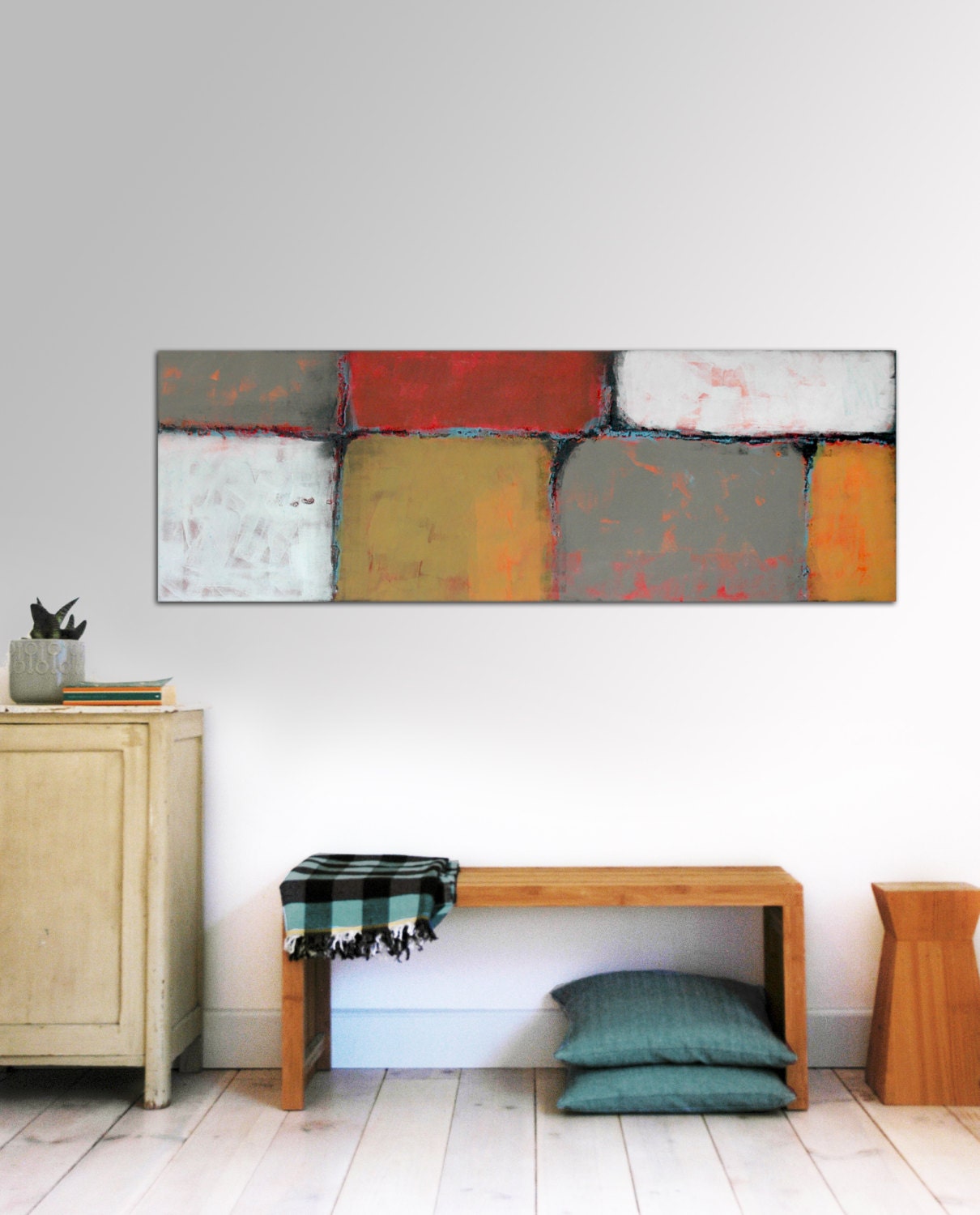 XL Abstract painting - Lots in Orange and red - Acrylic Modern Art -  59.1" x 19.7" FREE SHIPPING