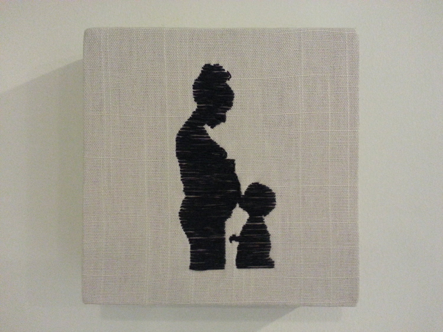 Two Figures Personalized Keepsake // Custom Portrait // Hand Embroidered Silhouette on stretched linen of Pregnant Mother // 6"x6"x1 3/8"