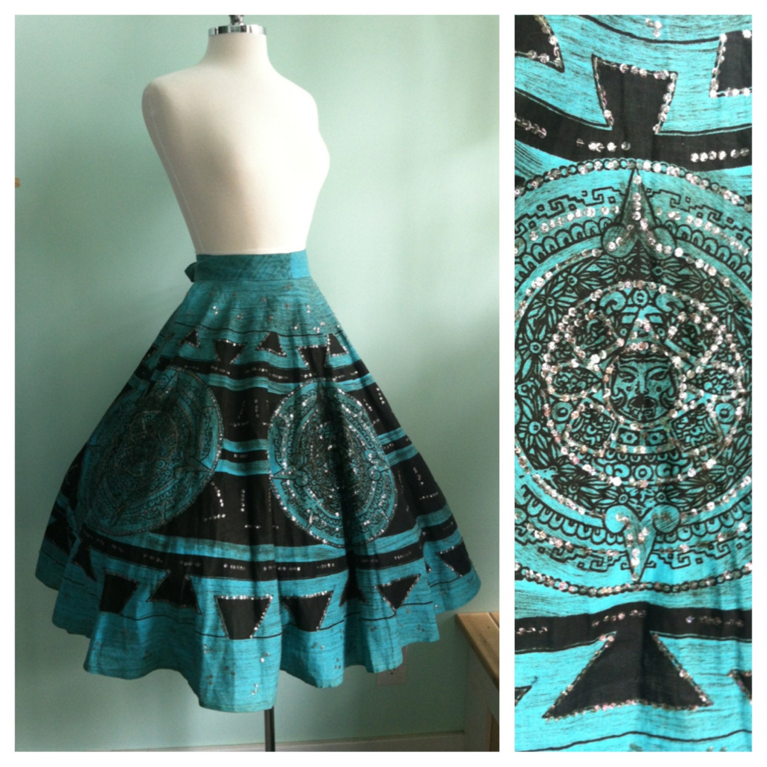 Mexican Sequin Turquoise Cotton 1950s Vintage Party Full Circle Skirt / Small /  Size 4