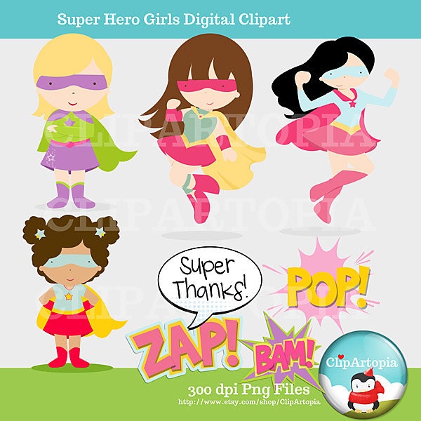 Super Hero Girls Supergirls Cute Digital Clipart for Card Design, Scrapbooking, and Invitations / INSTANT DOWNLOAD Il_570xn